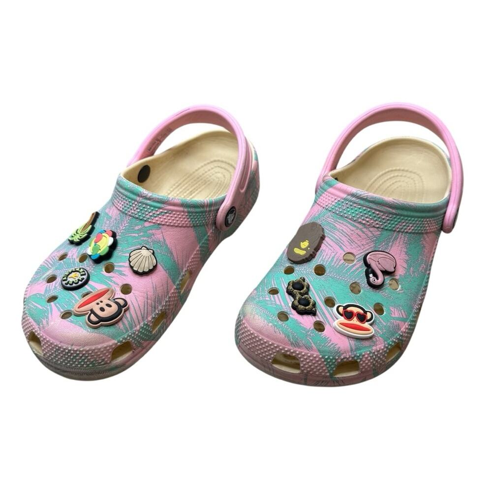 CROCS Kids Pink and Green Water Shoes with Charms